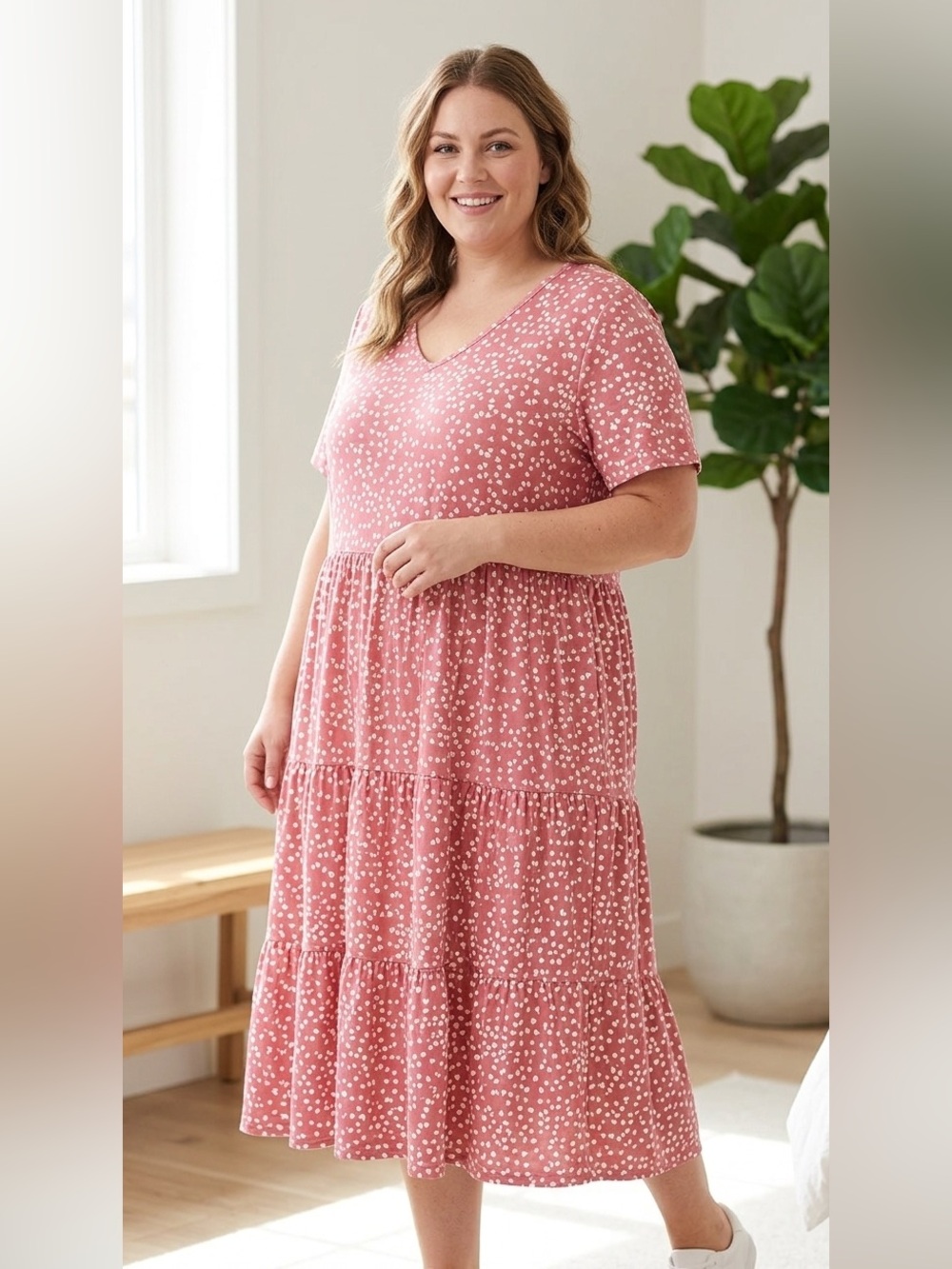 Plus-Size Dusty Pink V-Neck Tiered Midi Dress with White Heart Pattern